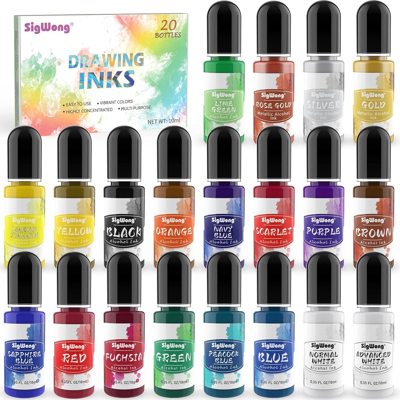 Alcohol Ink Set – 20 Vibrant Colors, High-Concentration Alcohol-Based Ink for Resin Art, Petri Dishes, Coasters, Painting & Epoxy Projects (10ml Each)